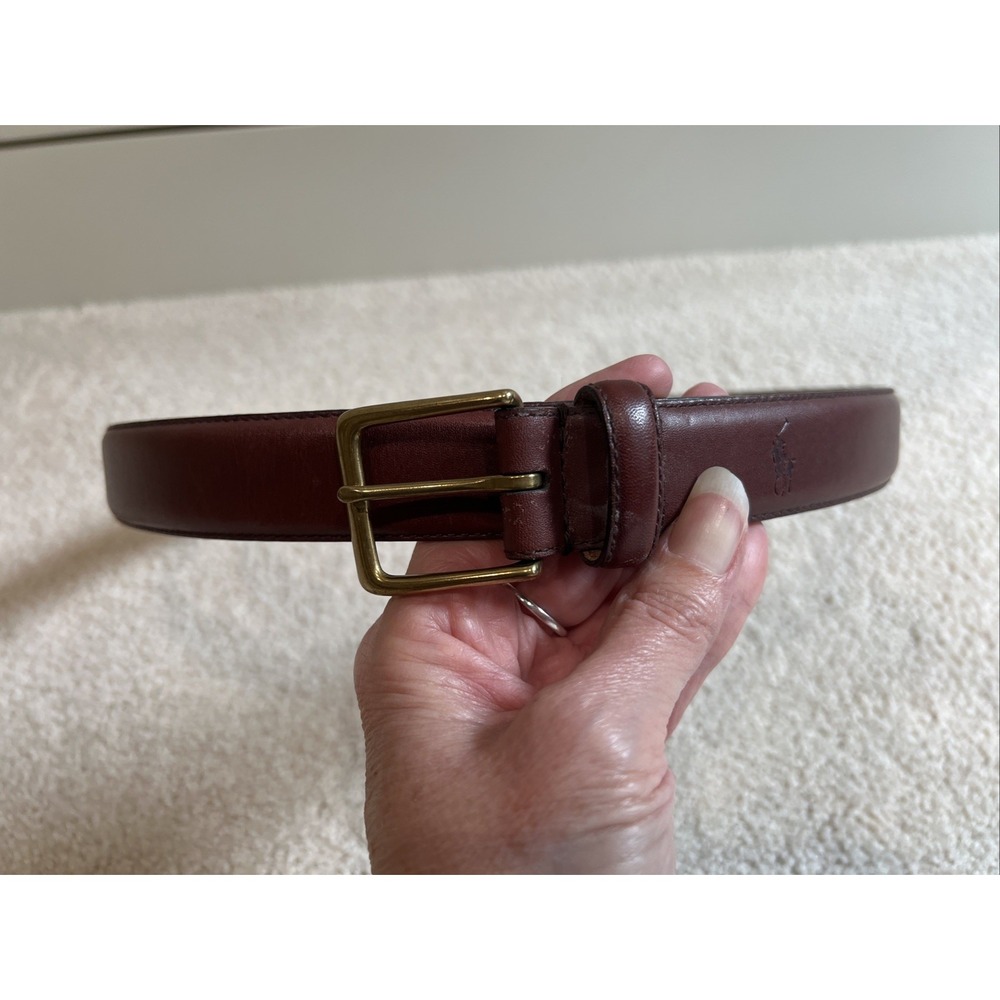 Polo Ralph Lauren Brown Leather Dress Belt Size 34 Pony Embossed Preppy Classic